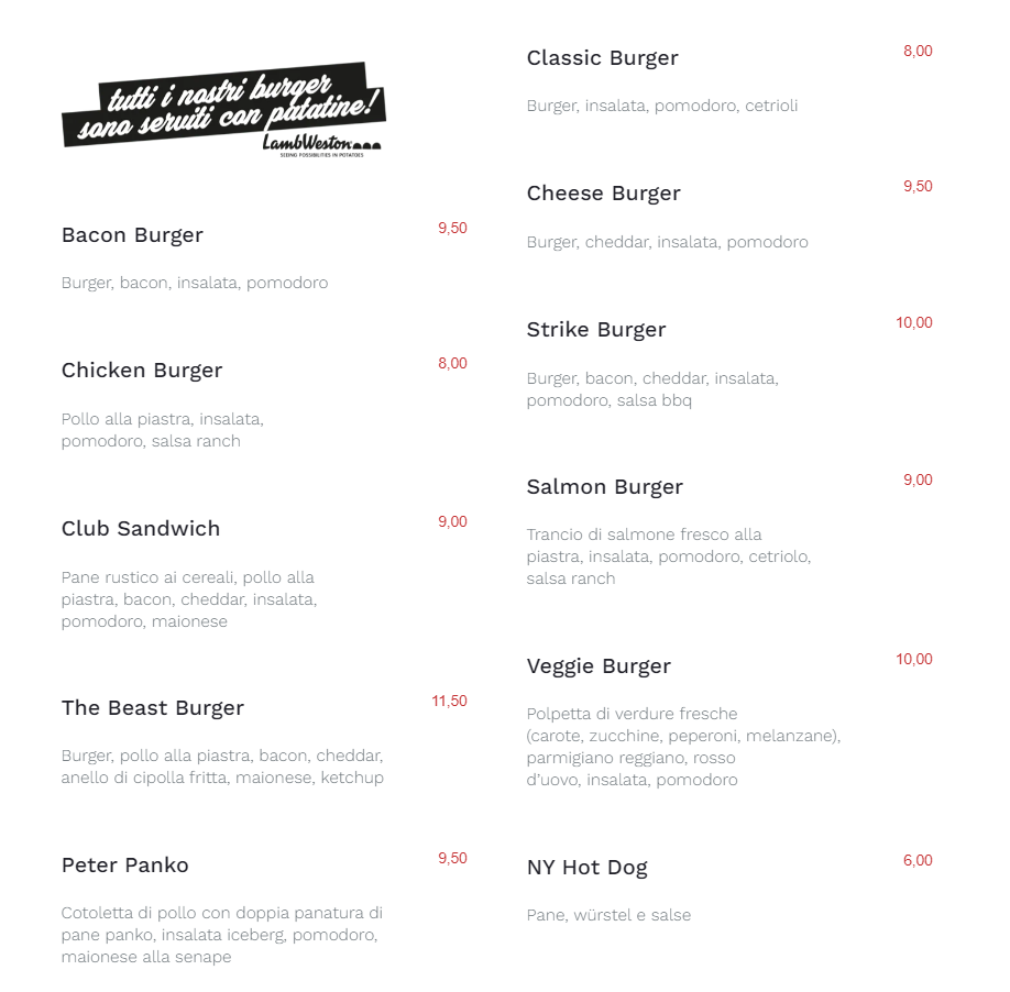 Strike! – Burger & Deli : Il Menù